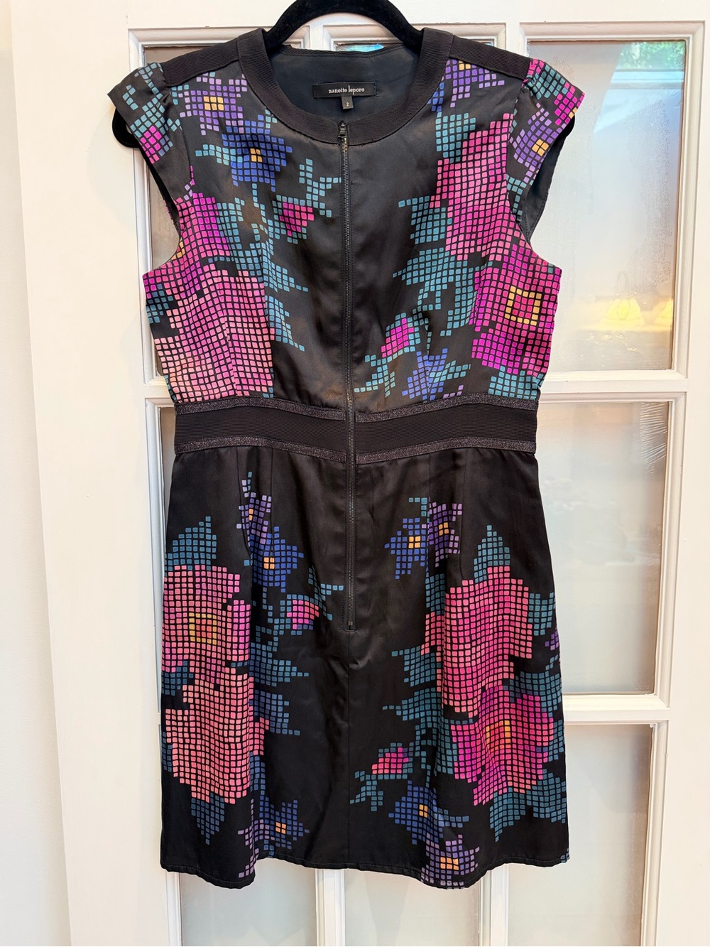 Nanette Lepore Silk Black Pixel Digital Roses Floral Cap-Sleeve Dress Size 2 XS